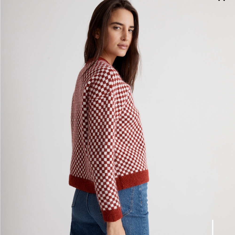 Madewell Red and Cream Checkerboard Knit Sweater